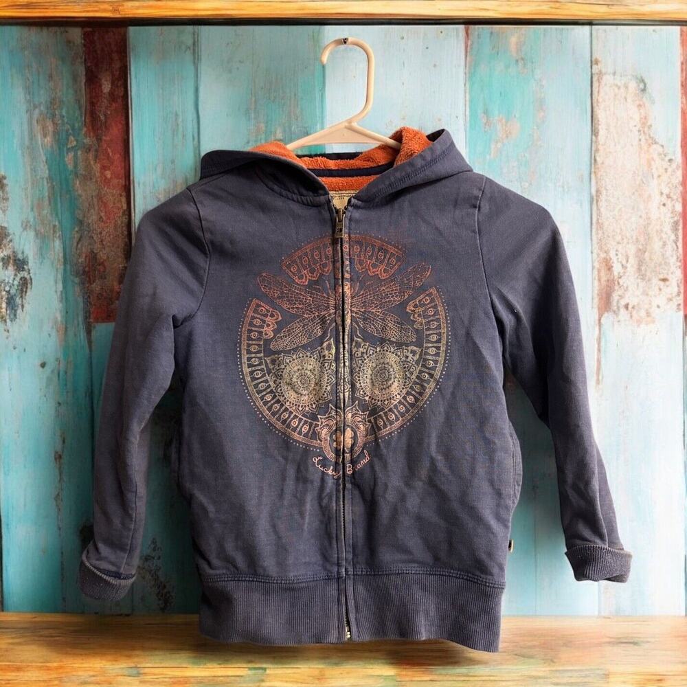 Lucky Brand Dragonfly Fleece Lined Zip Up Hoodie Child Sz 7/8‎ S Blue Coral
